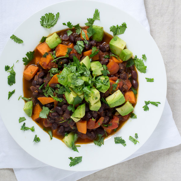 Sweet Potato & Black Bean Chili with Avocado
