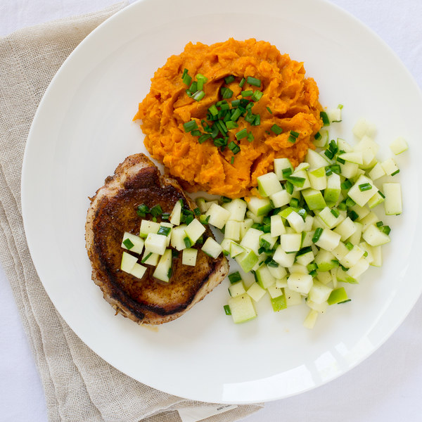 Chili-Rubbed Pork Chops with Apple Salsa & Sweet Potato Mash