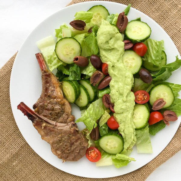 Pan-Seared Lamb Chops with Greek Salad & Avocado Dressing