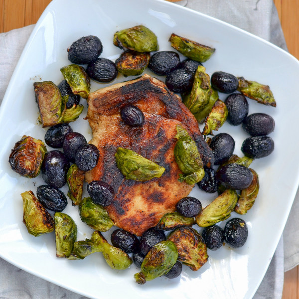 Dijon Pork Chops with Roasted Brussels Sprouts & Grapes