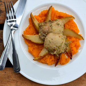 Roasted Garlic Rosemary Chicken & Pears with Butternut Squash Mash