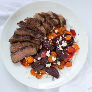 Striploin Steak with Roasted Carrot, Beet & Feta Salad