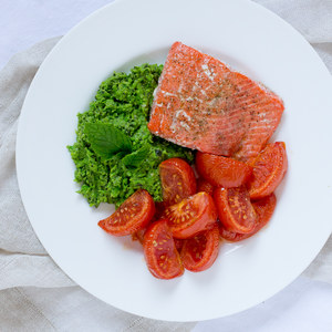 Roasted Salmon & Tomatoes with Minted Pea Puree