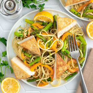 Lemon-Caper Spaghetti with Tofu, Asparagus, Bell Pepper & Parsley