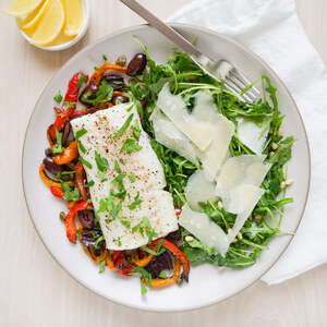 Baked Cod with Peppers, Olives, Capers & Lemony Pine Nut-Arugula Salad