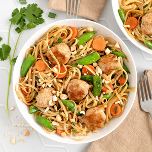 Ginger Chicken Meatball Stir-Fry with Noodles, Snap Peas & Cashews