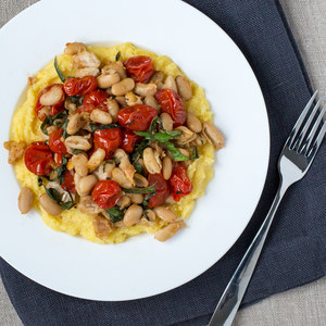 Cannellini Beans, Roasted Tomatoes & Basil over Polenta