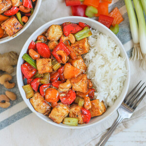 "Kung Pao" Tofu with Bell Peppers, Celery & Cashews over Rice