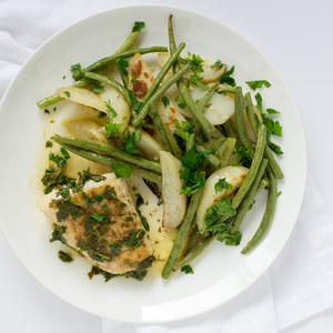 Cod à la Meunière with Roasted Green Beans & Potatoes