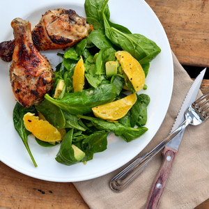 Honey Garlic Chicken Drumsticks with Spinach, Avocado & Orange Salad