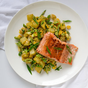Pan-Seared Salmon with Warmed Potato, Corn & Snap Pea Salad