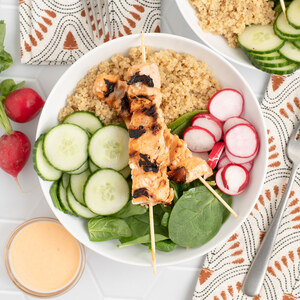Quinoa Bowl with Salmon Skewers, Spinach, Radish & Chili-Garlic Sauce