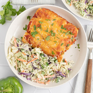 Creamy Chicken Enchiladas with Bell Pepper, Cilantro & Ranch Slaw