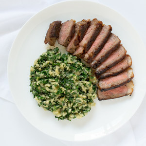 Pan-Seared Strip Steak with Kale Colcannon (Irish Mashed Potatoes)