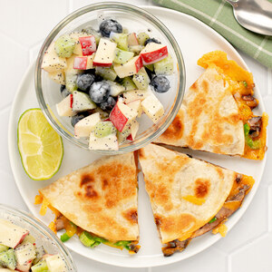 Mushroom, Cheddar & Jalapeño Quesadilla with Poppy Seed Fruit Salad