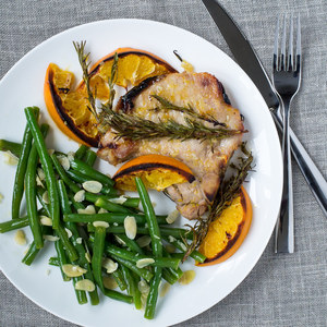 Orange Glazed Pork Chops with Almond Green Beans