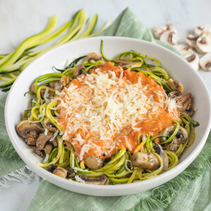 Baked Zucchini Noodles with Mushrooms, Creamy Marinara & Parmesan