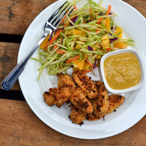 Honey Mustard Chicken Tenders with Broccoli Orange Slaw