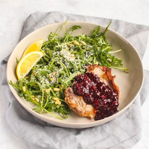 Pork Chops with Blackberry Sauce & Lemon Arugula Salad