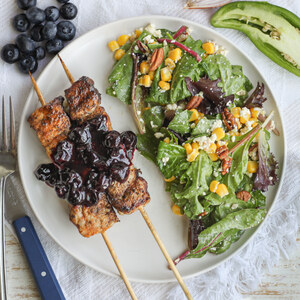 Pork Skewers with Jalapeño Blueberry Sauce & Feta-Pecan Mixed Greens