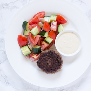 Beef Burger Patties with Garlic Aioli & Tomato-Cucumber Salad