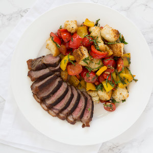 Striploin Steak with Bell Pepper, Tomato & Basil Panzanella Salad