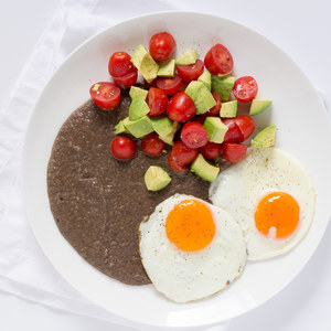 Black Bean Purée & Fried Eggs with Avocado & Grape Tomatoes