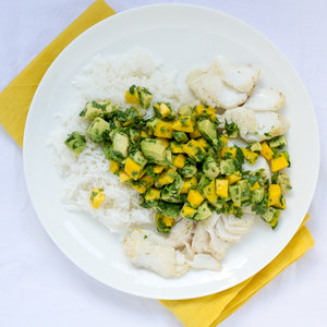 Grilled Halibut with Mango-Avocado Salsa & Basmati Rice