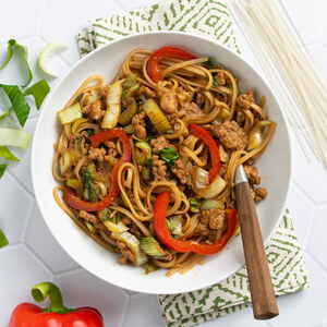 Miso-Hoisin Rice Noodles with Chicken, Bok Choy & Bell Pepper
