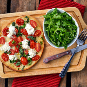 Grape Tomato, Basil & Ricotta Flatbread Pizza with Arugula Salad