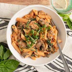 Penne with Creamy Ricotta-Marinara Sauce, Kale, Mushrooms & Basil
