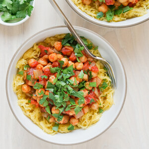 Cheesy Spaghetti Squash with Chickpea-Tomato Ragù & Parsley