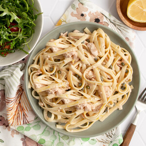 Fettuccine Alfredo with Tuna, Capers, Lemon & Arugula Salad