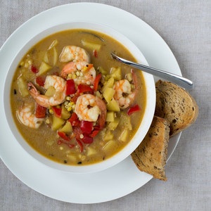 Shrimp, Corn & Coconut Milk Chowder with Bell Pepper