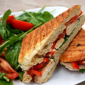Chicken, Bell Pepper & Goat Cheese Panini with Arugula Tomato Salad