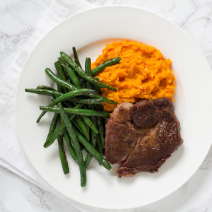 Pan-Fried Steak with Sweet Potato Mash & Green Beans