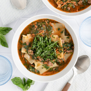Beef Lasagna Noodle Soup with Carrots, Spinach & Basil
