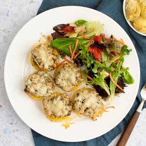 Basil Pesto-White Bean Polenta Stacks with Pepper & Artichoke Salad