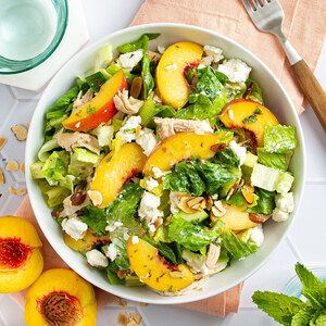 Chicken Salad with Cucumbers, Peaches, Mint, Goat Cheese & Almonds