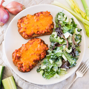 Cheesy "Baked Beans on Toast" with Mixed Greens & Celery Salad