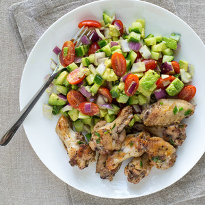 Salt & Pepper Chicken Wings with Cucumber, Tomato & Avocado Salad