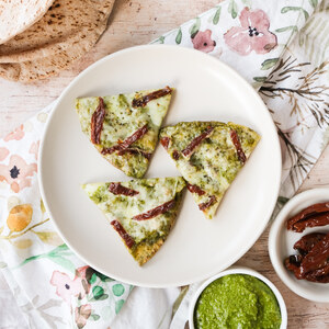 Pita Bread Pizza with Basil Pesto, Mozzarella & Sun-Dried Tomatoes