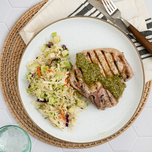 Grilled Pork Chop with Basil Pesto & Balsamic Apple-Cabbage Slaw
