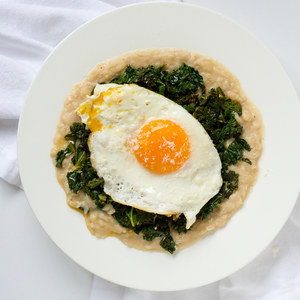 Cheesy Mashed White Beans with Sautéed Kale & Fried Eggs