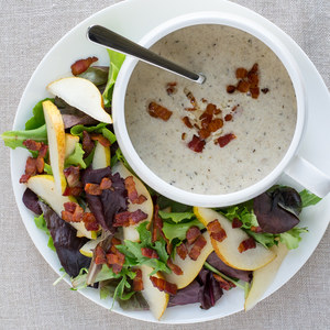 Creamy Mushroom Bacon Soup with Pear & Mixed Greens Salad