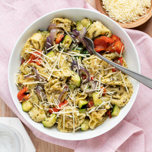 Basil Pesto Tortellini with Roasted Peppers, Zucchini & Parmesan