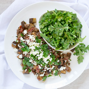 Skillet Eggplant, Beef & Feta Moussaka with Lemon Arugula Salad
