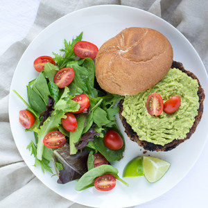 Black Bean Burgers with Avocado Spread & Mixed Greens Salad