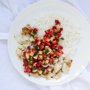 Grilled Fish & Basmati Rice with Strawberry, Cucumber & Mint Salsa