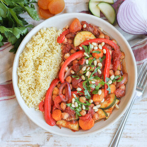 Moroccan Chickpea, Apricot, Bell Pepper & Zucchini Curry with Couscous
